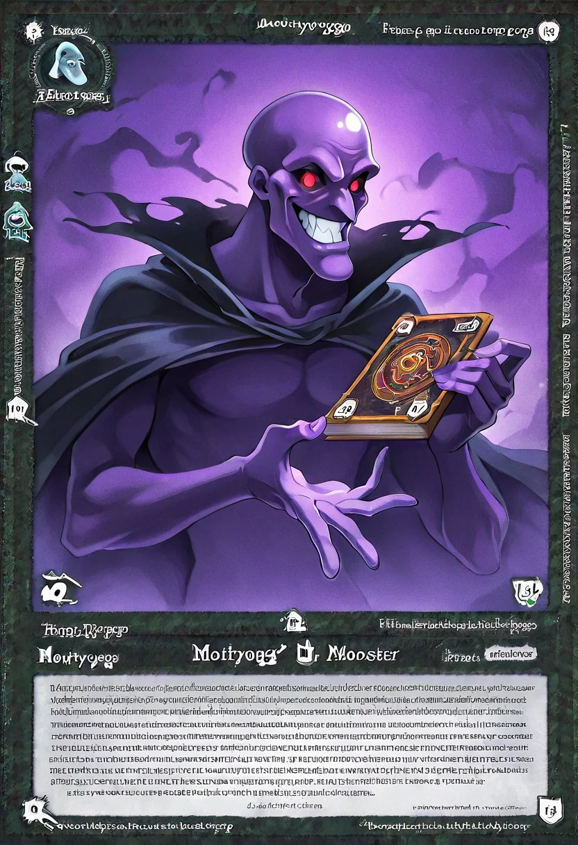 motyogo, ghost monster, funny ghost monster, purple skin, motyogo, upper body portrait, cape, masterpiece, best quality, good quality, newest, highres, absurdres, solo, grin, Bald monster. red eyes, long elongated head shape, card, book, english text 'Leah' , black hkk card frame, card,