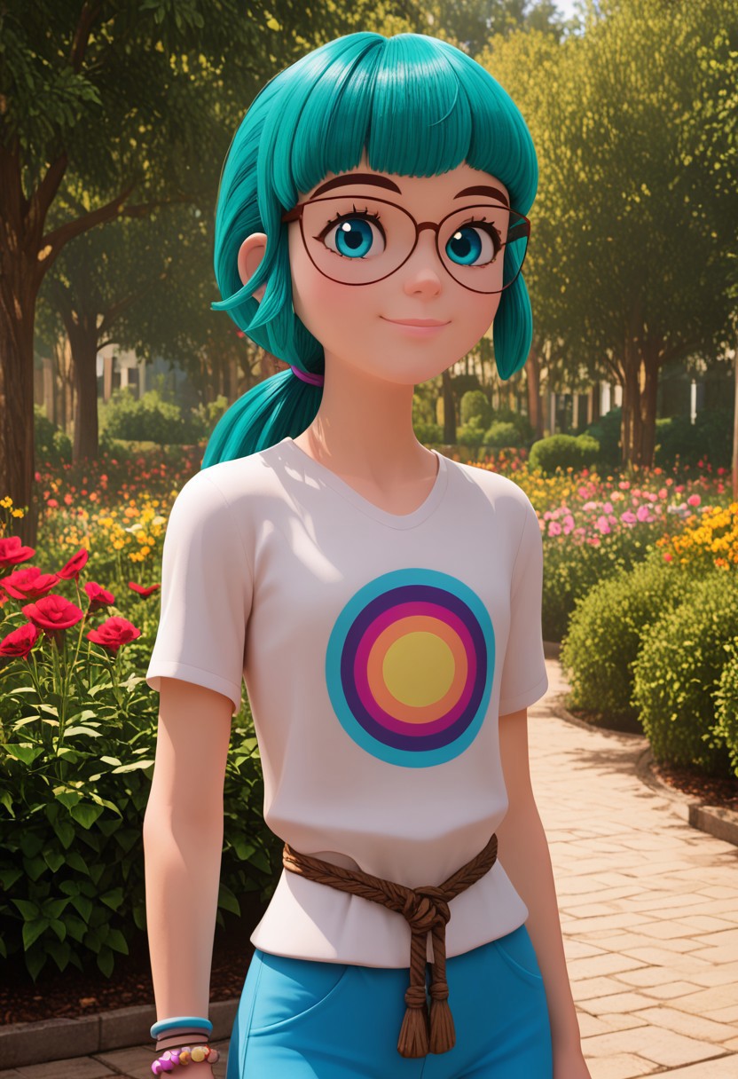 (masterpiece:1.5), unreal 8k wallpaper, unity 8k wallpaper, best quality, ultra-detailed, (high res), cinematic lighting, beautiful lighting, smooth lighting, (detailed background), absurd, high-res, dynamic lighting, score_9, score_8_up, score_7_up, 1girl, solo, solo focus, ((cowboy shot)), looking at viewer, (narrow waist, skinny, slender body, slim), (outdoors, flower garden, daytime), bright lighting, daylight, sunshine, cute, kawaii, (closed mouth), happy, ((standing)), alone, (arms at sides) (gleaming eyes, big eyes), (rating_safe, sfw), perfect anatomy, masterpiece_portrait, extreme quality, dynamic lighting, cinematic style, cinematic quality, precise, precision, colorful, striking visuals, sharp focus, light reflection, perfect eyes, (perfect hands:1.3) perfection, GF_Carla, (cyan hair), ponytail, clear glasses, cyan eyes, white shirt, bracelets, tassel rope belt, blue shorts, pink leggings, striped socks, pink sneakers, 3d blender, dyed hair, women, smile,