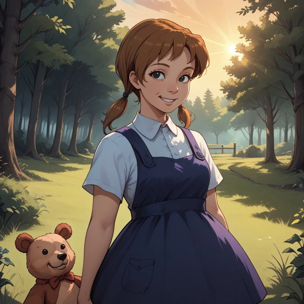 score_9, score_8, BREAK, brown hair, twintails, black eyes, white shirt, dark blue overall dress, brown shoes, Penny_(The_Rescuers), cute, teddy bear, adult female, mature female, breasts, sexy pose, self portrait, smile, outdoors, sunlight, shadows, evening lighting, natural lighting, forest, trees, grass, orange sky, sunset