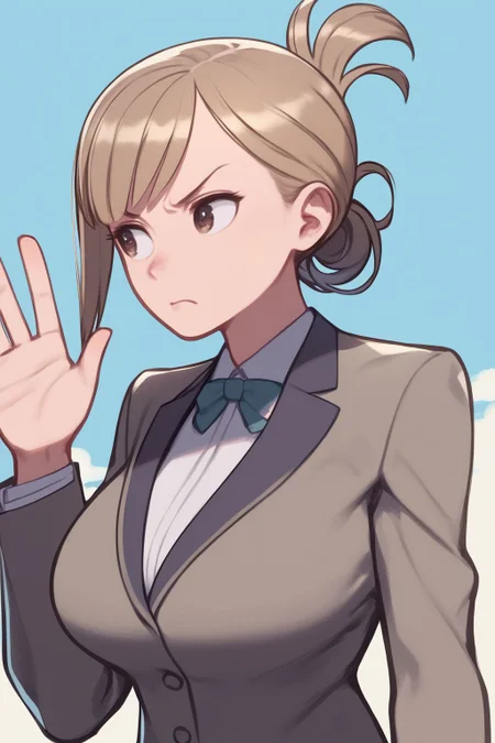score_7_up, high resolution, 1girl, looking away, waving, determined, light brown hair, folded ponytail, side-swept fringe, dark brown eyes, large breasts, bronze blazer <lora:kuroboshi_kouhaku_PonyXL_style_v01.09:1>