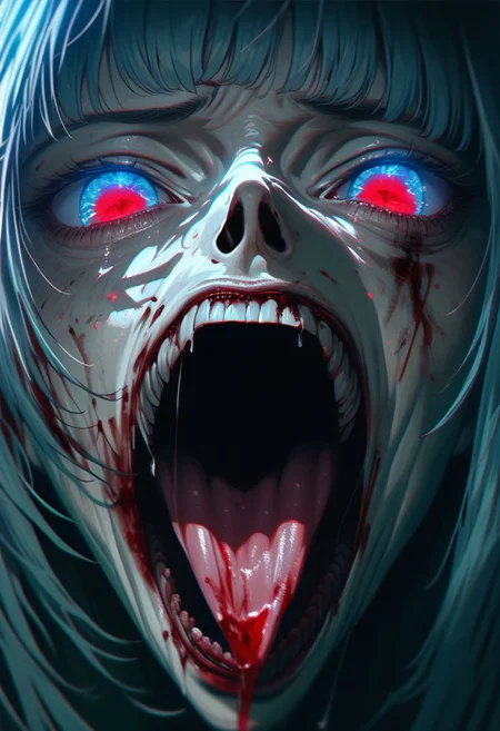 did vaporwave style, tongue, eye focus, teeth, blood, saliva, red eyes, tongue out, solo, open mouth, looking at viewer, horror (theme), blue eyes, monster, glowing, , cinematic lighting, cinematic angle, official art, best quality, masterpiece