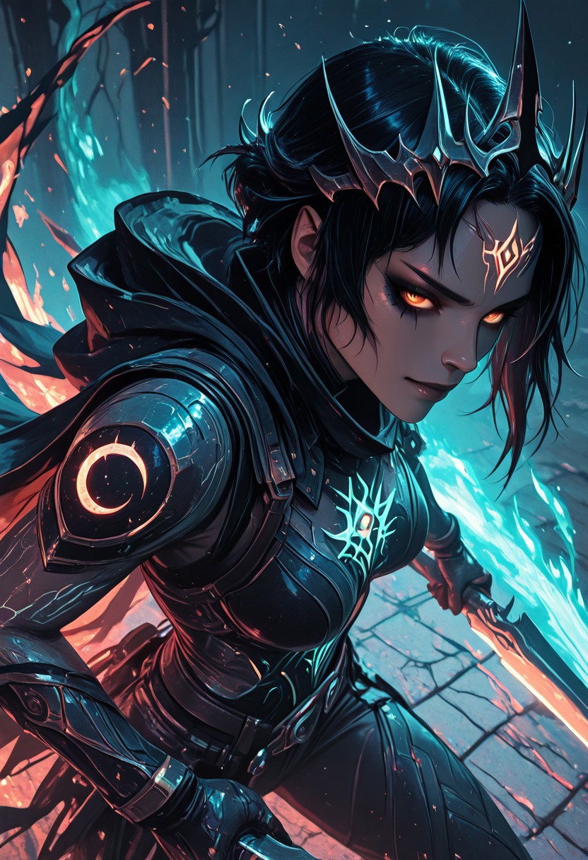 (masterpiece), (best quality), 8k, 1girl, celestial assassin, intense low lighting, glowing crescent blades, purple glow, dual-wielding, shadowed face, glowing eyes, dark eclipse sky behind her, glowing voidlight aura, Void crown, half crescent crown, orange eyes, mystical sigils on ground, long flowing cloak fluttering, sci-fi fantasy armor with celestial patterns, moonlit silhouette, cinematic perspective, ethereal particles, radiant eclipse corona, sleek asymmetrical hairstyle, atmosphere of silent finality, black eyeshadow, Void flames, Burning Cloak, Flaming cloak, 
Action Shot, Slashing blades, Fierce expression, partical effects, dynamic, Dynamic position, Dynamic angle, Combat, intense, intense expression, Anger, half smirk, sprinting at viewer, ready to strike, 
Unique, close up, cowboy shot, dutch angle, foreshortening, 
From above, Looking at viewer, Close up, Face Focus,
