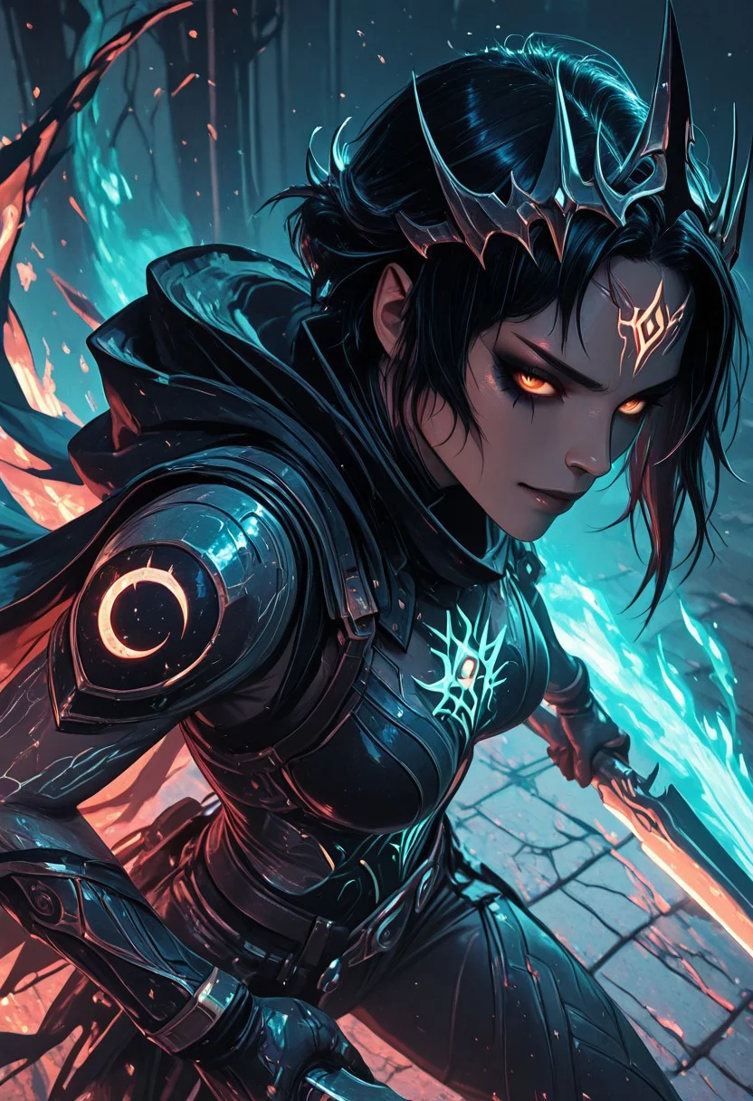 (masterpiece), (best quality), 8k, 1girl, celestial assassin, intense low lighting, glowing crescent blades, purple glow, dual-wielding, shadowed face, glowing eyes, dark eclipse sky behind her, glowing voidlight aura, Void crown, half crescent crown, orange eyes, mystical sigils on ground, long flowing cloak fluttering, sci-fi fantasy armor with celestial patterns, moonlit silhouette, cinematic perspective, ethereal particles, radiant eclipse corona, sleek asymmetrical hairstyle, atmosphere of silent finality, black eyeshadow, Void flames, Burning Cloak, Flaming cloak,
Action Shot, Slashing blades, Fierce expression, partical effects, dynamic, Dynamic position, Dynamic angle, Combat, intense, intense expression, Anger, half smirk, sprinting at viewer, ready to strike,
Unique, close up, cowboy shot, dutch angle, foreshortening,
From above, Looking at viewer, Close up, Face Focus,
