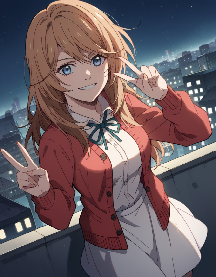 score_9, score_8_up, score_7_up, source_anime, <lora:kyouko-kouda-s2-ponyxl-lora-nochekaiser:1>, kyouko kouda, long hair, blue eyes, brown hair, medium breasts,, cardigan, red cardigan, skirt, white skirt,, city skyline, rooftop view, night time, city lights, quiet reflection, smile, , v,, solo,, dutch angle,