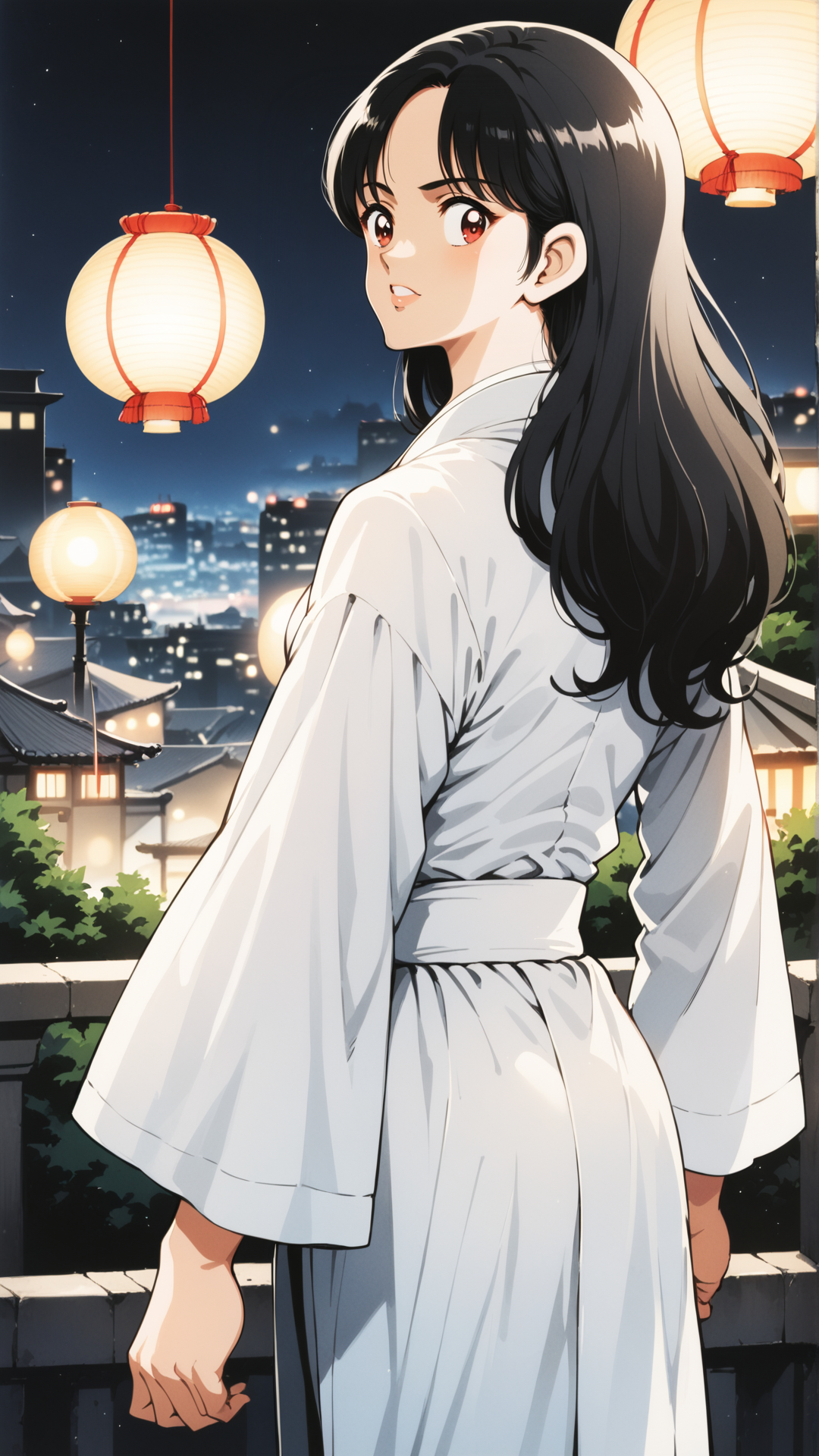 score_9, score_8_up, score_7_up, BREAK   <lora:Adachi_XL_PONY:1>
1girl, long hair, black hair, red eyes, overlooking city, night, cityscape, detailed background, intricate details, highly detailed, ultra detailed, hyper detailed, complex background, lanterns, street, glowing, soft lighting, highres, masterpiece, best quality, anime screencap, traditional clothes, white outfit, standing, confident expression, dynamic pose, serene atmosphere