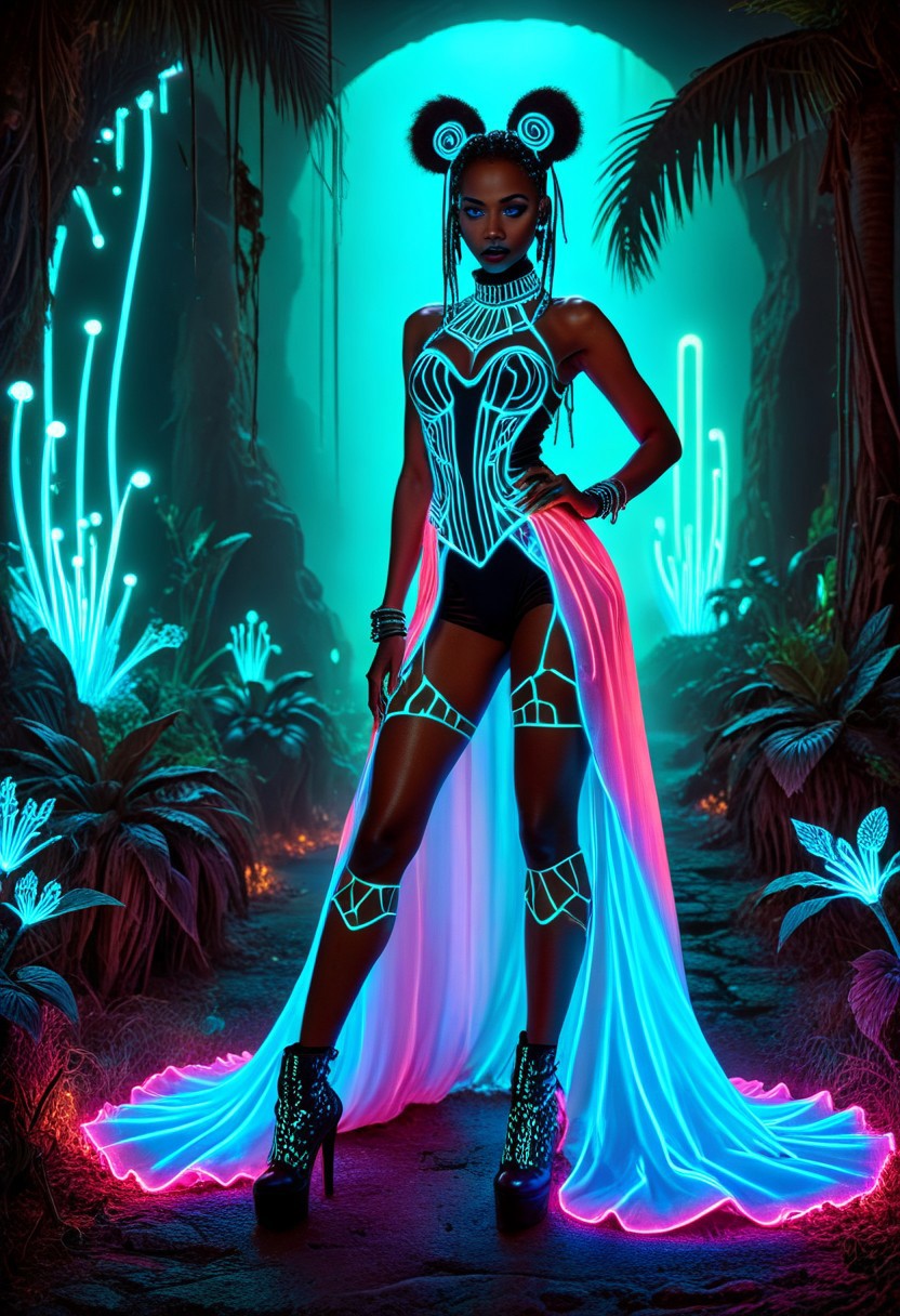 An epic photo of an avant-garde African cybergoth fashion model wearing a stylish dress, bioluminescent landscape, neon color, masterpiece, best quality, highly detailed, sharp focus, dynamic lighting, flux-style,