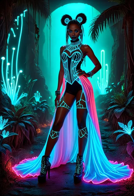 An epic photo of an avant-garde African cybergoth fashion model wearing a stylish dress, bioluminescent landscape, neon color, masterpiece, best quality, highly detailed, sharp focus, dynamic lighting, flux-style,