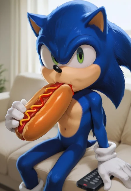 [#furry🦔]side_light,4k,(masterpiece:1.4),(best quality:1.4),(high resolution:1.4),Ultra HD,HDR,(hyperdetailed),smooth lighting,source_anime,very aesthetic,intricate details,intense,highres,vibrant colors,detailed_shadows,detailed_reflections,high-quality textures,depth of field,good shading,studio quality,epic lighting,digital illustration,path_tracing,rtx_on_styled_lighting_and_reflections,<lora:add-detail-xl:1>,looking at viewer,unblurred,perfect composition,intricate details,incredibly absurdres,
[ONLY1boy,#furry,male,anthro_furry,blue hedgehog,#blue blur,shortstack,sonic_the_hedgehog,\(Sonic The Hedgehog©\),sonic (series),show accurate proportions,((skinny)),soul,emotions,alive,SFW,Two-tone skin,"furry,detailed body fur,navy blue fur,hedgehog pointy ears,spikes,long quills",snout,animal nose,pointy nose,perfect face,"ultra-detailed-eyes,half-closed eyes,detailed eyes,perfect eyes,(green eyes:1.5)","perfect hands,perfect detailed fingers,detailed white gloves"]
BREAK sitting,on couch,closed mouth,eating,hot dog,Eating a Hot dog🌭,hot dog,food,Chili dog,ketchup in mouth,mustard in mouth,holding hotdog
BREAK holding remote control,ketchup on gloves
