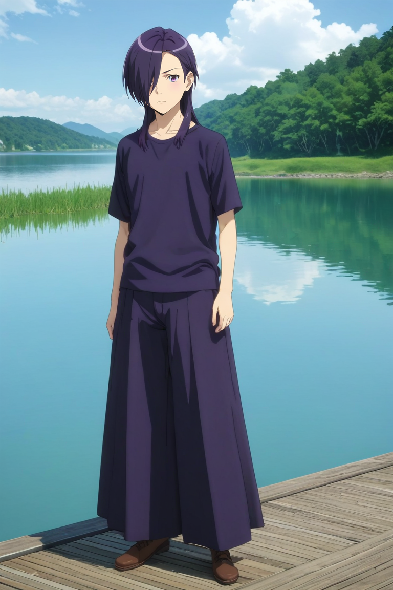 score_9, score_8_up, score_7_up, source_anime, rating_safe, intricate details, (3d:0.4), looking at viewer, , 1boy, solo, male focus, <lora:hanzou_urushihara_pony:1>, hanzou_urushihara, purple hair, purple eyes, hair over one eye, long hair, , full body, lake, dawn, (pose), shy, blush, , <lora:sdxl_lightning_8step_lora:1>
