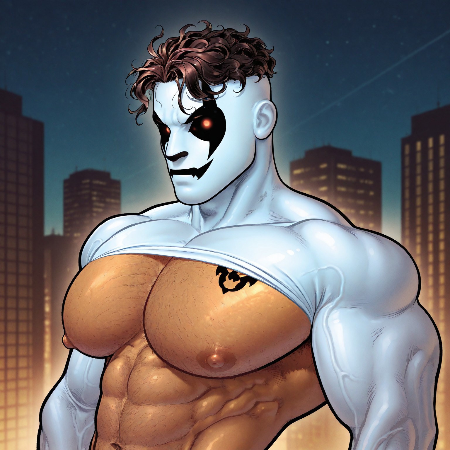 masterpiece, best quality, absurdres, newest, perfect quality, best quality, absolutely eye-catching, detailed background, intricate details, bara, 1boy, male, male focus, solo, tan skin, dark brown hair, short hair, curly hair, brown eyes, mask, white mask, white crop top, full sleeves, long sleeves,  full gloves, chest exposed, small chest tattoo, hairy, bara, muscular, large pectorals, large biceps looking at viewer, face close-up, portrait, side view, city scenery, night time, very awa, best quality, absurdres, newest, perfect quality, detailed background, intricate details, (artist:rokudenashi:0.8), (artist:dizdoodz:0.7), (artist:gomtang:0.6)