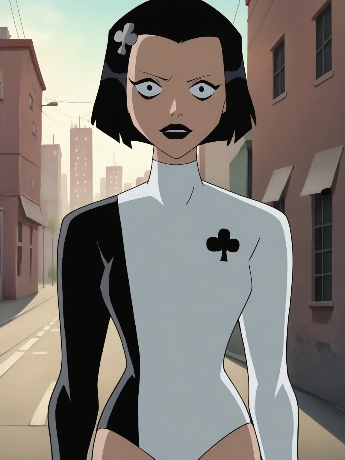 <lora:AcePony1.0:0.85> ace, 1girl, black hair, solo, white leotard, short hair, hairclip, black lipstick, long sleeves, bob cut, looking at viewer,simple background,club \\(shape\\) upper body, cowboy shot,score_9, score_8_up, score_7_up, score_6_up, score_5_up, score_4_up city, cityscape,