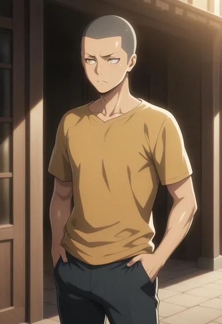 masterpiece, best quality, amazing quality, very aesthetic, absurdres, newest, detailed background, warm natural lighting, lively and bustling atmosphere, background details visible, shiny skin, outdoor, frown,
1boy, ConSpretime, very short hair, buzz cut, yellow eyes, shirt, pants,