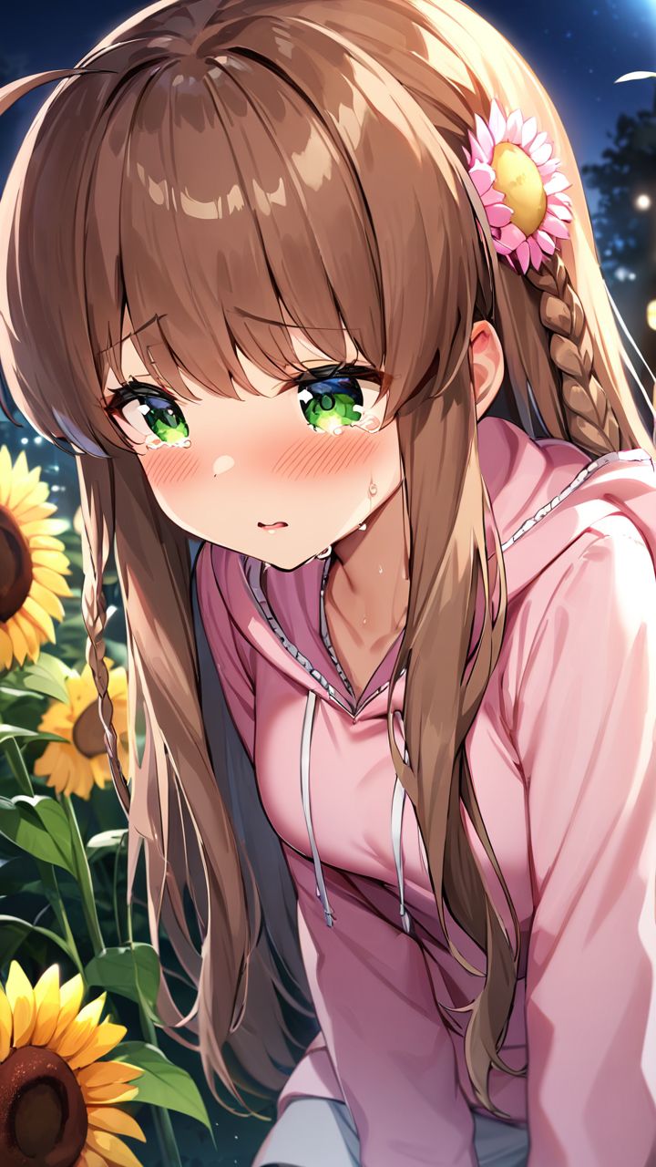 masterpiece,best quality,very aesthetic,absurdres, <lora:XL kanbe_kotori:1>,1girl,kanbe_kotori,solo,Standing on the ground,frontal,front view,Positive por,masterpiece,best quality,very aesthetic,absurdres, kanbe_kotori, 1girl, flower, night, 1boy, solo focus, ahoge, close-up, outdoors, blush, hood, sidelocks, parted lips, hood down, pink flower, pink hoodie, sunflower, crying, hoodie, sweat, casual
