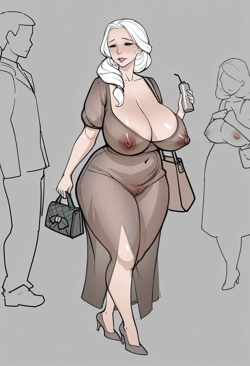 masterpiece, best quality, S4s4k1Nsfw, 
 <lora:69_Marshviolet8:1> breasts, 1girl, mature female, dress, bag, see-through, cleavage, nipples, high heels, covered nipples, large breasts, solo focus, sketch, holding, curvy, huge breasts