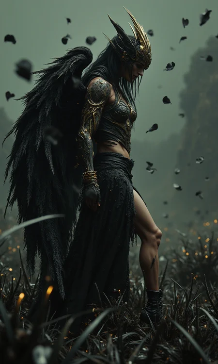 A full-body shot of a surreal, dark goddess captured from a low-angle side view, focusing on her feet. She has long, flowing cyberpunk hair and wears an outfit with black and gold angel wings. She walks barefoot over a ground covered in sharp black thorns. Her face is delicate yet haunting, with a hint of wickedness in her expression. She has an alluring and dangerous posture, surrounded by black petals swirling in the air. The scene is filled with a mix of eerie light and shadows, set in a dark and menacing color palette.<lora:flux1-D\flux.1_lora_flyway_Epic-Characters_v1.safetensors:0.6:1.0> <lora:flux1-D\flux_realism_lora.safetensors:0.4:1.0> <lora:flux1-D\dvr-transformers-flux.safetensors:0.5:1.0>