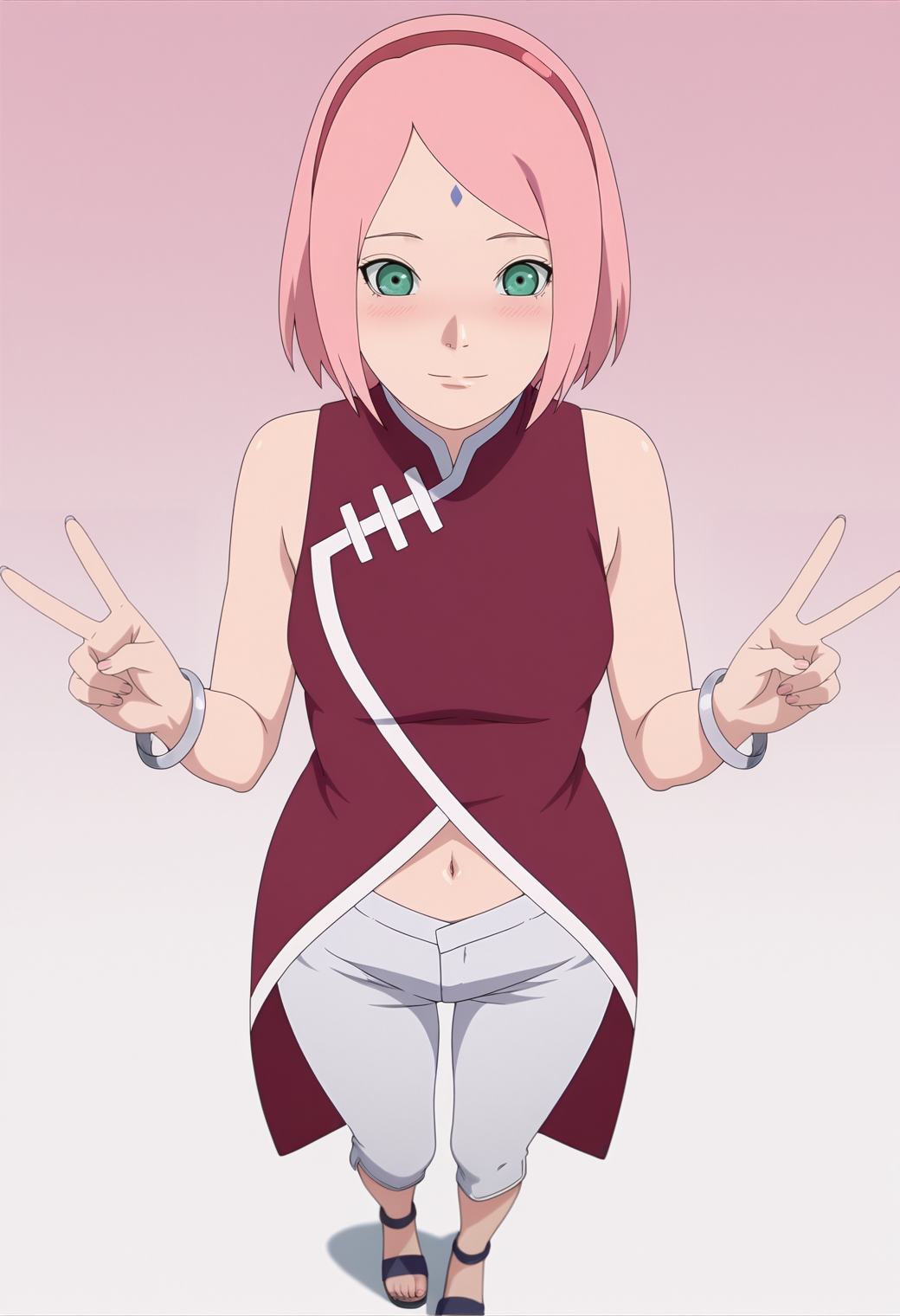 masterpiece, best quality, amazing quality, anime coloring, anime screencap, 1girl, solo, <lora:DX888Sakura:1>haruno sakura, pink hair, green eyes, forehead mark, bob cut, hairband, sleeveless dress, red dress, navel, bracelet, capri pants, sandals, light smile, blush,  BREAK dynamic pose, from above, double v,, gradient background, pink background