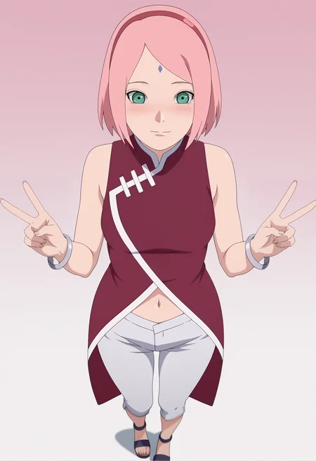 masterpiece, best quality, amazing quality, anime coloring, anime screencap, 1girl, solo, <lora:DX888Sakura:1>haruno sakura, pink hair, green eyes, forehead mark, bob cut, hairband, sleeveless dress, red dress, navel, bracelet, capri pants, sandals, light smile, blush, BREAK dynamic pose, from above, double v,, gradient background, pink background