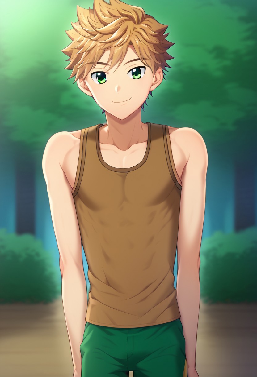 hikarishi_kenji, blond hair, short hair, bangs, green eyes, 1boy, (solo:1.20), solo focus, character with (athletic body:1.1), (balanced:1.2), brown tank top, wear black trunk, smile, proportional body, strong lower body, handfixer