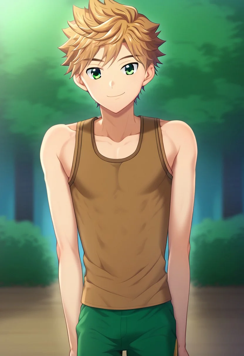 hikarishi_kenji, blond hair, short hair, bangs, green eyes, 1boy, (solo:1.20), solo focus, character with (athletic body:1.1), (balanced:1.2), brown tank top, wear black trunk, smile, proportional body, strong lower body, handfixer