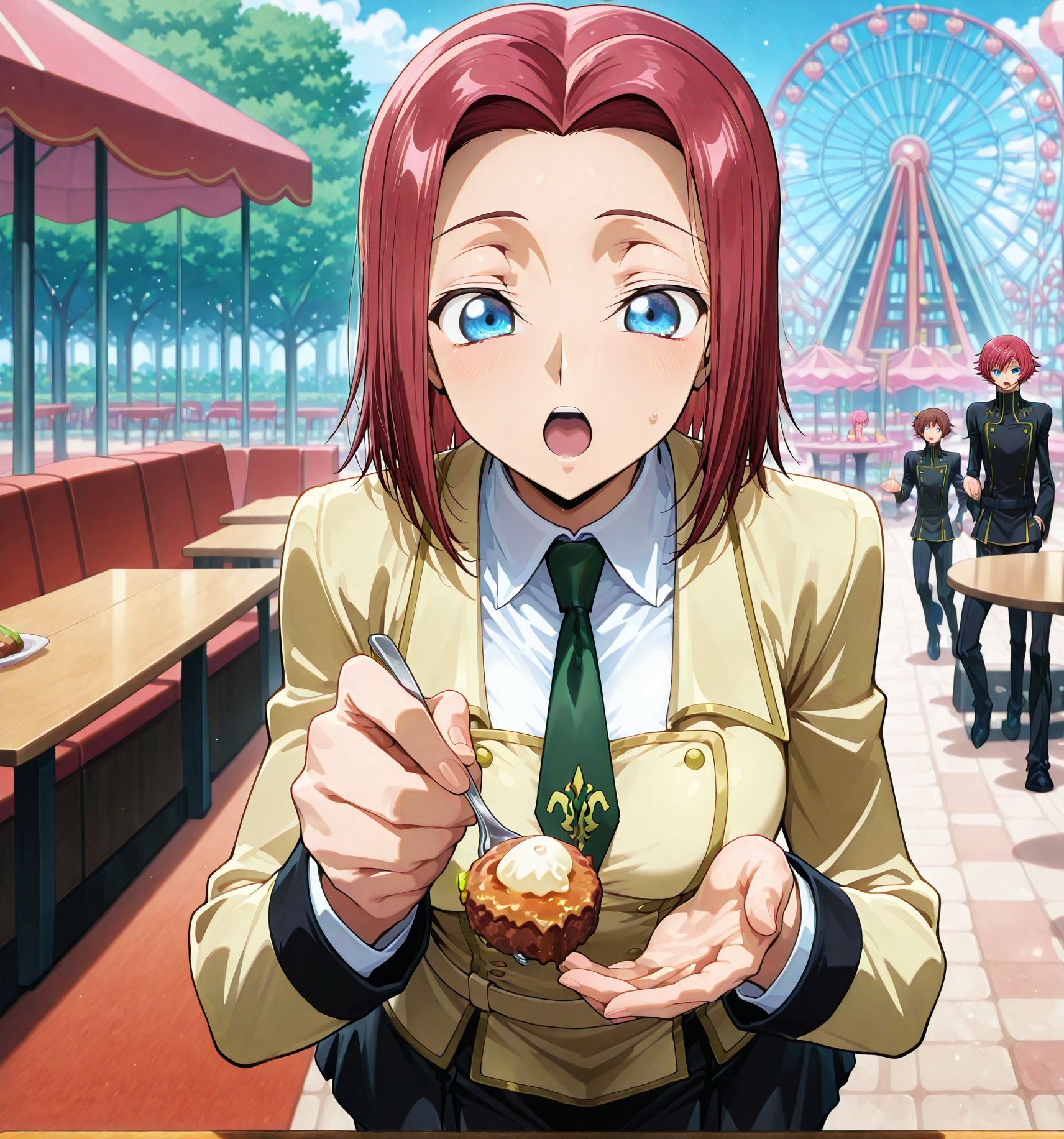 <lora:add-detail-xl:0.5>,,masterpiece, best quality, newest, absurdres, highres, detailed eyes, beautiful, detailed background, perfect eyes, anime coloring, anime screencap,
<lora:sugar_dating:1>sugar_datingV1,
1boy,1girl, hetero,   incoming food, 
pov,table, food, pov,open mouth, 
amusement park, restaurant, 
BREAK
kallen stadtfeld,red hair,short hair,blue eyes,kallen school uniform,shot,green necktie,black skirt,yellow uniform,ashford academy uniform, <lora:Takahiro Kimura_illustriousXL:1>,
code geass, 
official style, official art, 
20YO, milf,adult couple,