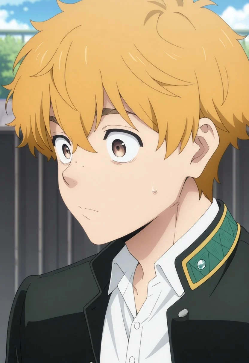 masterpiece,best quality,amazing quality, source_anime,
AkihikoNirei, 1boy, male focus, solo, brown eyes, blonde hair, freckles, school uniform, jacket, black jacket, open jacket, shirt, white shirt, collared shirt, outdoor, portrait