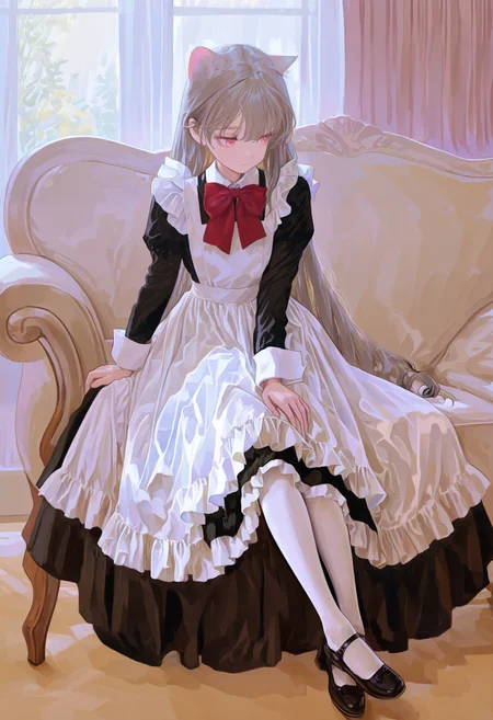 masterpiece, highres, absurdres, newest, very awa, painting \(medium\), (flat color:1.1), indoors, couch, curtains, 1girl, solo, grey hair, pink eyes, cat ears, maid, white apron, frilled dress, very long dress, long sleeves, wrist cuffs, red bowtie, white pantyhose, mary janes, sitting, hand on own thigh, arm support, <lora:spo_sdxl_10ep_4k-data_lora_webui>, <lora:illustrious_noobai_epsilon_pred_1_best_quality_v1:0.4>, <lora:FKEY_WAI>,