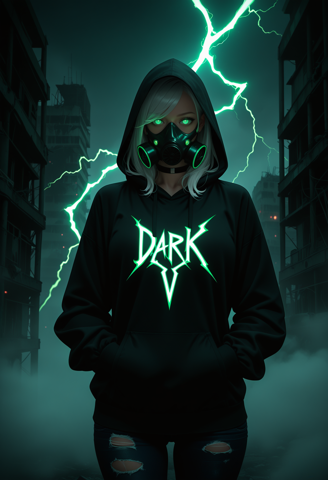 photorealistic, masterpiece, best quality, newest, absurdres, highres,
1girl, solo, glowing eyes, green eyes, white hair, swept bangs,
black hoodie, hood up, torn jeans, black pants, black choker, gas mask,
post-apocalypse, abstract background, dark background, green lightning, fog, energy,
hands in pocket,
upper body,
BREAK;
<lora:Harrlogos_v1.1:1> (("Dark":2.0) text logo, foreground text, green neon lights),