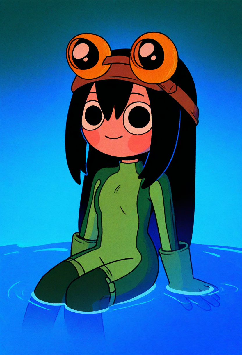 x3t4, masterpiece, cartoon,   best quality, detailed,  solo,   cute,   Tsuyu Asui,  textured, sitting in water, water pond, sultry, big eyes, black hair, GREEN BODYSUIT, GOGGLES, small breasts,