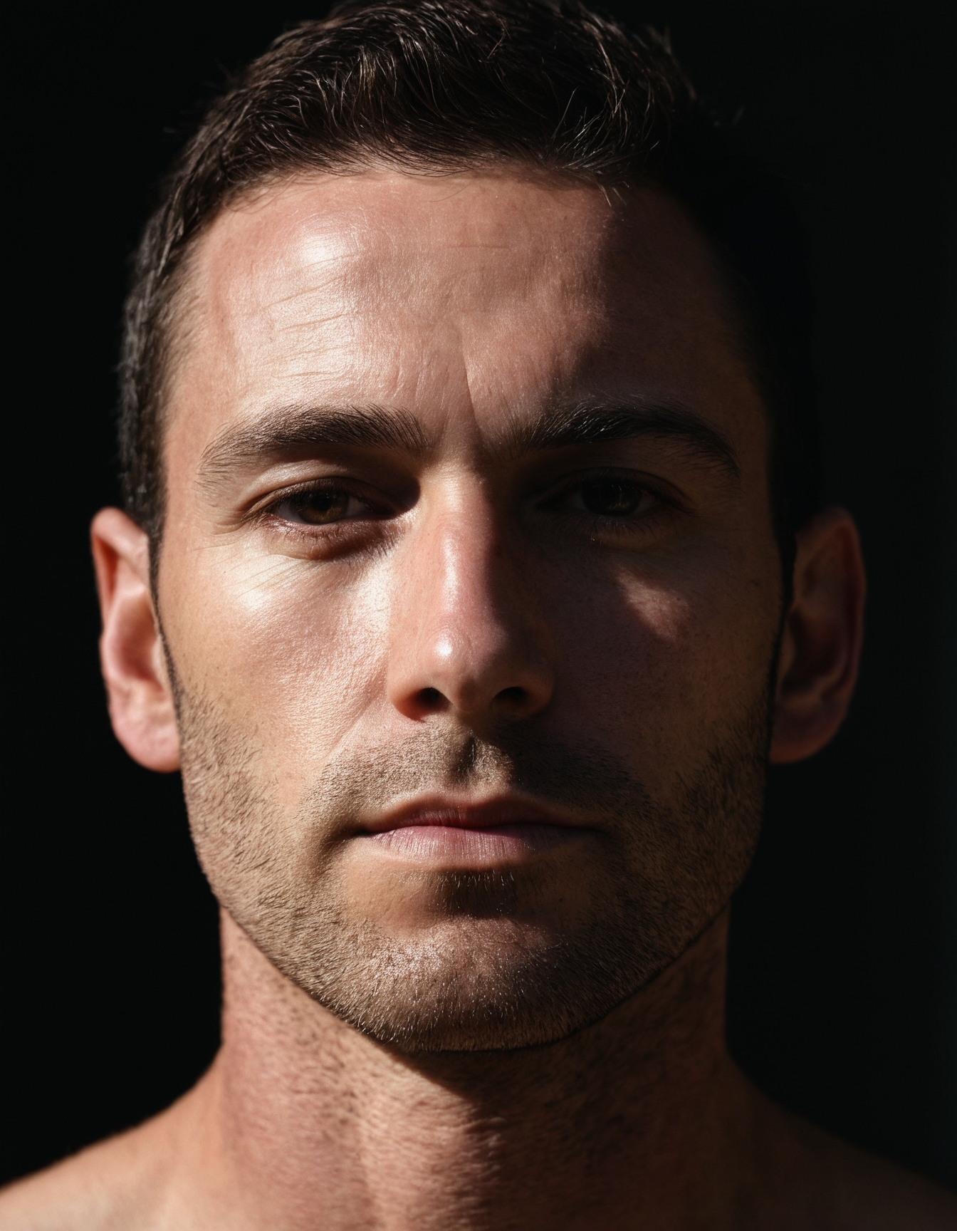 centered, portrait photo of 34 y.o man, natural skin, hard shadows