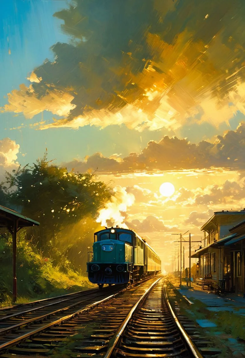 ((masterpiece, best quality, high quality, highres, ultra-detailed)),  ,a moving train <lora:soldart:0.6> <lora:AngelicAI:0.1> <lora:add_detail:1>,, against the background of the a moving train, blue sky, sunny day, epic clouds, (oil painting:0.1),  (best quality, 8K, high resolution, extreme detail, outstanding composition:1.4), art by Jeremy Mann, god rays, dramatic light,   (oxygen-rich air and sheltered atmosphere, , aesthetic of hard - edge painting:0.1),