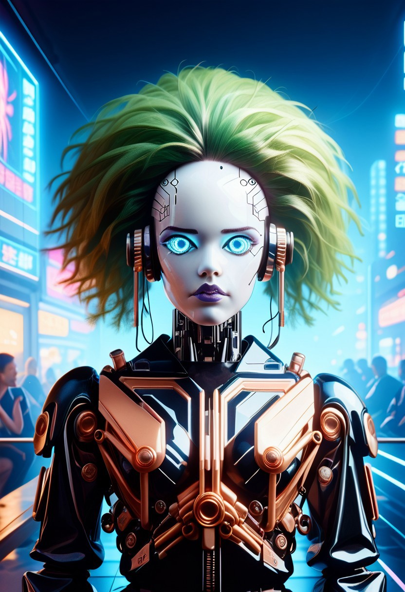 CyberpunkWorld, Latex, solo, scifi, futuristic, female, 1girl, Instagram_Influencer_152_By_Stable_Yogi, green hair, big hair, twin tail, hour glass figure, hi-tech cyber suit, high detail, perfect face, 28 years old, fully dressed, night, censored, raven, rachel roth,