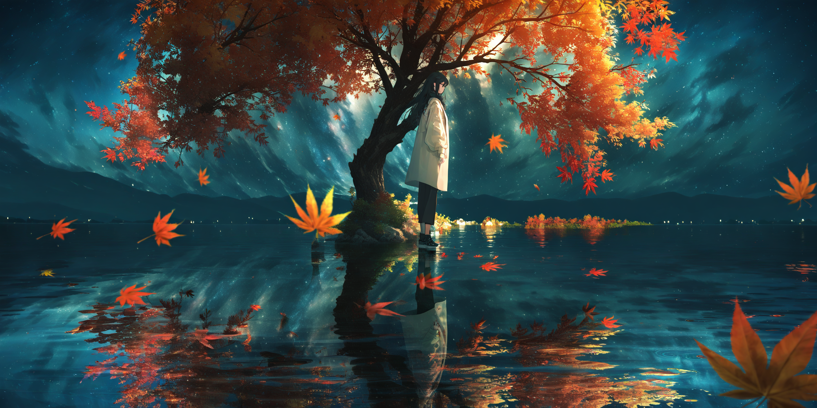 1girl, solo, long hair, star \(sky\), black hair, sky, reflection, leaf, starry sky, autumn leaves, night, water, outdoors, standing, night sky, maple leaf, long sleeves, ripples, wide shot <lora:lifelineXL_NB11_lokr_V6311P:0.95>