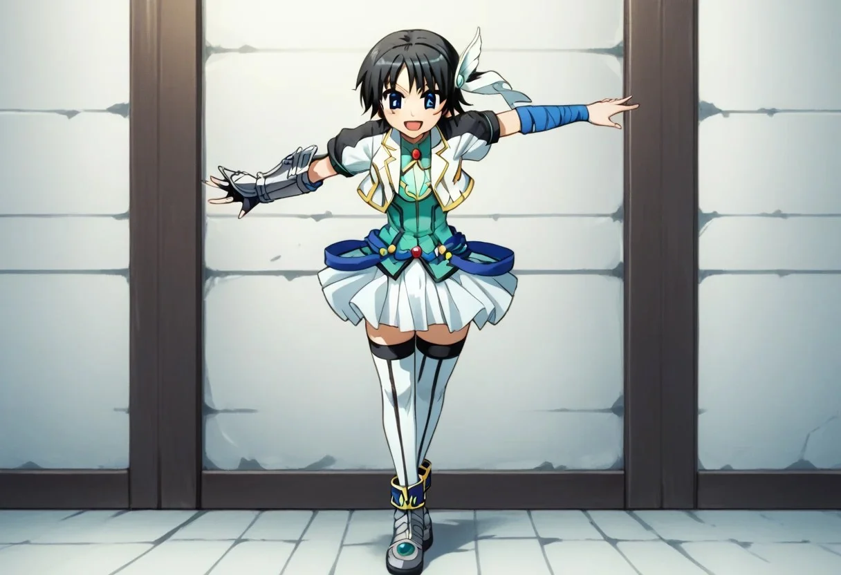 score_9, score_8_up, score_7_up, source_anime, good anatomy, 1girl, solo, NanamiTakatsuki, short hair, black hair, blue eyes, black and white cropped jacket with yellow trim, cyan shirt, blue belts, white pleated skirt, miniskirt, layered skirt, white thighhighs, blue anklet, metal shoes, red gem, armband, one metal gauntlet, standing, smiling, open mouth, contrapposto