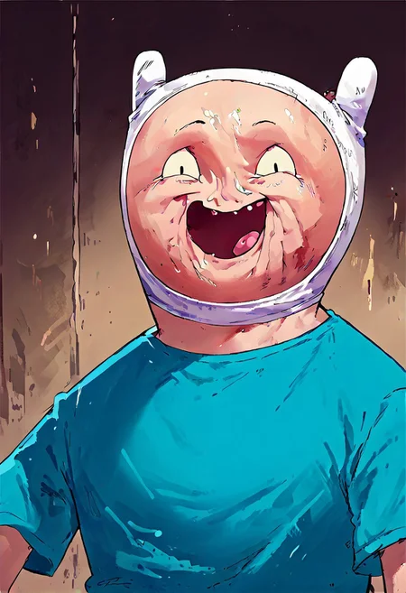 score_9, score_8_up, score_7_up, MEATMAN f1nn4,1boy,finn the human,adventure time,solo, waving at the viewer, smile, face punch,<lora:Adventure_Time_Style_LORA:1> dot eyes, blue shirt, open mouth, absurdly grotesque
