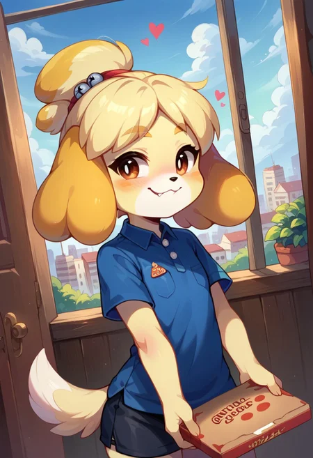 score_9, score_8_up, score_7_up, Isabelle, source_furry, dog, blonde hair, naughty smirk, UwU face, blush, fang out, holding pizza box, pov, dutch angle, side view, cute, young, expressiveH, hearts, sea, city, clouds, employee uniform, pizza delivery, holding gun,