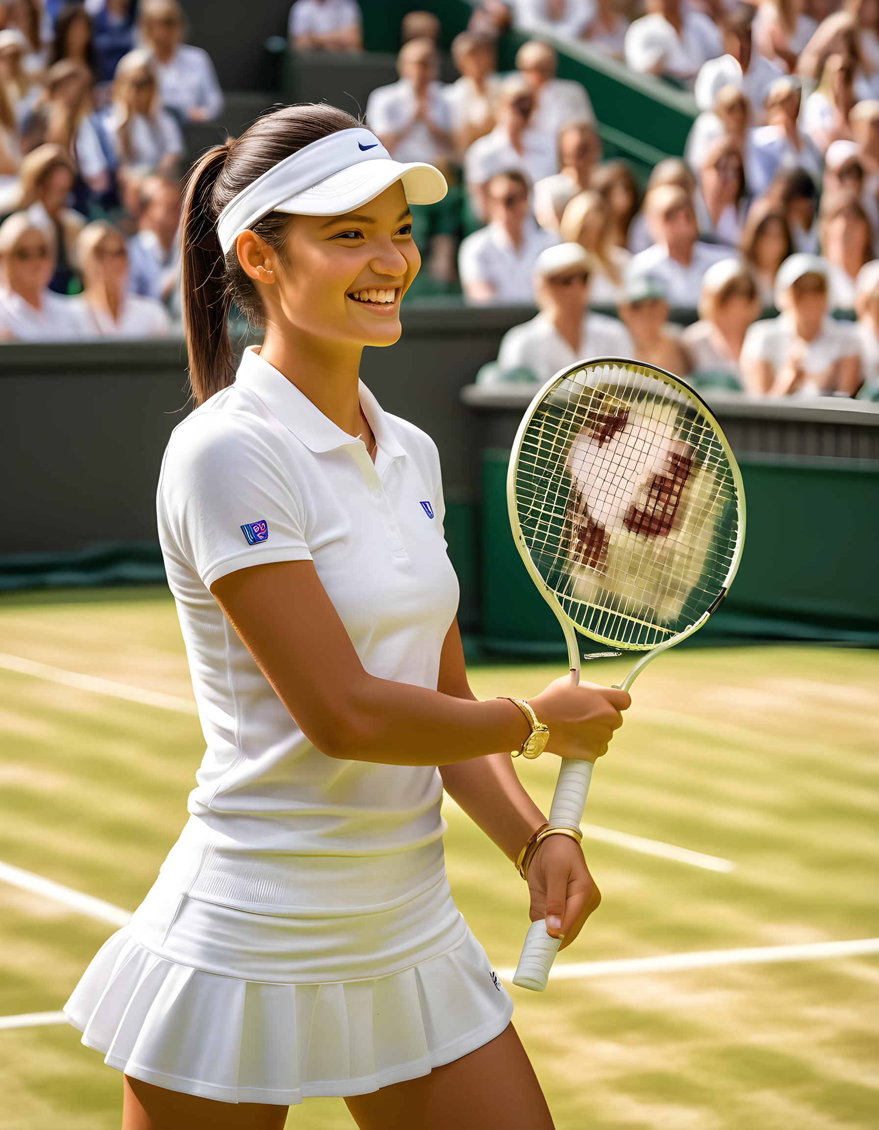 emmaraducanu, In a vibrant Wimbledon court bathed in the soft, afternoon sunlight filtering through the grandstands, Emma Raducanu, a determined young woman with raven-black hair tied in a sleek ponytail, wears a crisp white polo shirt adorned with bold, colorful logos. Her expression is focused and confident as she meets the viewer's gaze, her lips curved slightly into a victorious smile revealing perfectly aligned teeth. She stands poised, one hand clutching her racket while the other casually rests on her hip, showcasing a collection of glittering gold bracelets that sparkle in the light. The lush green grass court and the towering grandstands, filled with an attentive crowd, create an awe-inspiring backdrop to this powerful moment.