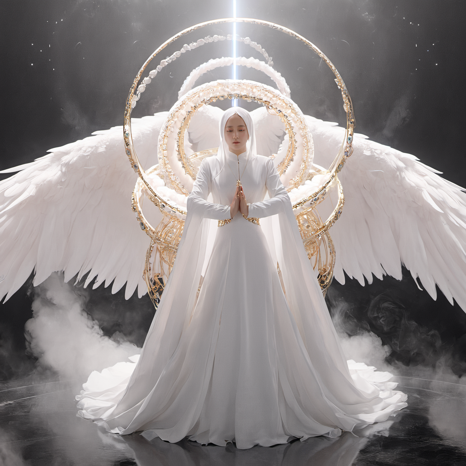 xxmixgirl, seraphins, mystical creature with hundreds of eyes and wings, with the shape of a giant ring, circular hoops around body, massive size, angelical lights <lora:Seraphins1.0-000038:0.8>