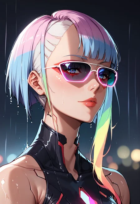 score_9, score_8_up, score_7_up, source_anime, portrait, depth of field, 1girl, lucy \(cyberpunk\), short hair, bangs, glowing neon multicolored hair, multicolored eyes, red eyeliner, glowing neon makeup, bare shoulders, black belt, bodysuit, white open jacket, looking at viewer, light smile, glowing neon aviator sunglasses, n30n, neon lights, rain, xenotr1p, noir, cyberpunk,