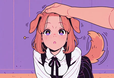 flat_colors, Flatline, Flat vector illustration,
dynamic pose,

1girl,
dog girl, dog ears, dog tail,
POV headpats, hand on head,
skirt, wagging tail, looking up at viewer,

incoth, (incase:0.6), artist:moriimee,