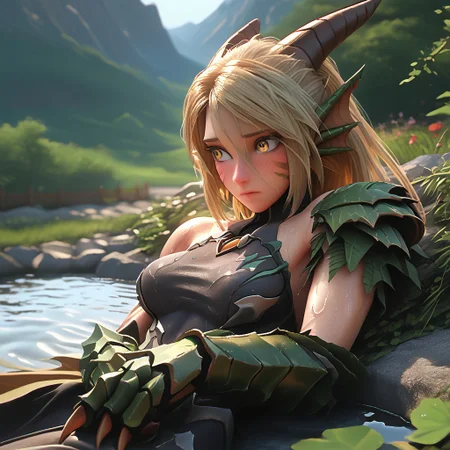 ((Score_9, score_8_up, score_7_up), masterpiece, perfect face, expressive eyes,(dragon girl),(full animal arms),(muscular arms:1.2),(monster arms:1.3),(big claws),shy,relaxed expression,relief,(looking away),blush,lying in a pond, blonde hair, yellow eyes,(long tail),(slender figure),(tight clothes:1.1),forest and mountains scenery,pond,(close-up),relaxing,(soaking wet,wet clothes,wet skin,dripping water),bathing in a pond,hot water,steam