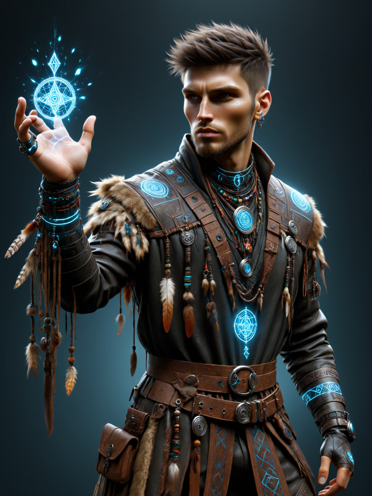 man, fantasy,  cybershaman, runes, magic, dynamic pose <lora:Cyberpunk_Techno-Mages_SDXL:1>, (masterpiece:1.2), best quality
