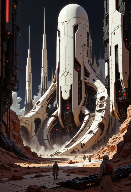 anime art, A digital artwork in the style of cknc, the image is featuring a sci-fi cityscape of colossal buildings and towers in an arid dusty landscape, white ceramic surfaces glistening with condensation from the mist, red glowing diodes and lights, large depth of field, sunset, directional lighting, with scientists in spacesuits surrounding it, black, red and white abstract colour palette