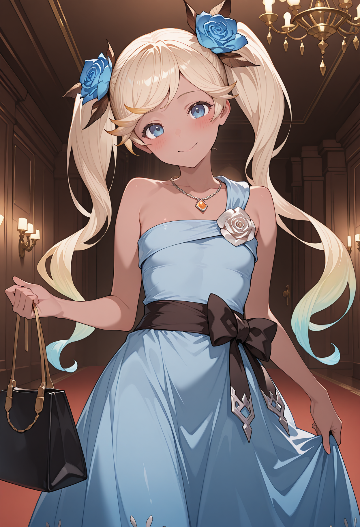 highres, best quality, masterpiece, indoors, chandelier, 
1girl, solo, gbftio, blonde hair, gradient hair, twintails, dark-skinned female, blue eyes,
iogbrrd, hair flower, blue dress, bare shoulders, single strap, black sash, necklace, rose,
looking at viewer, blush, smile, head tilt,
standing, holding bag,
<lora:_io_gbf-elesico-ilxl-000014:1>