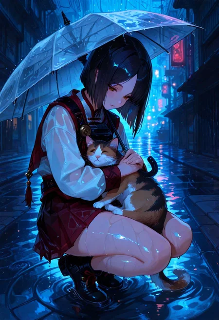 masterpiece, best quality, amazing quality, very aesthetic, absurdres, newest, calm colors,, 1girl, crouching, solo, soaking wet Cat, (on lap:1.2), petting, dark hair, inverted bob, straight hair, outdoors, parted bangs, pleated skirt, looking at viewer, , holding umbrella above cat, (cuddling:1.1), city, night, street, wide shot, shiny skin, heavy rain <lora:ill\Bluethebone Style.safetensors:0.8> Bl3th3bn3_Styl3_SKNSFW,