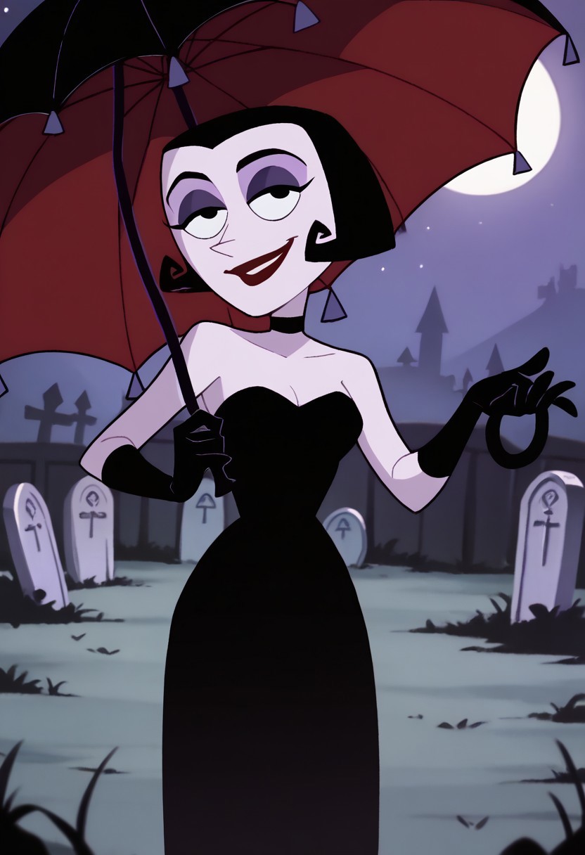 score_9, score_8_up, score_7_up BREAK MalariaG, 1girl, black hair, black eyes, pale skin, purple eyeshadow, red lipstick, black choker, long sleeveless black dress, long black gloves, holding black umbrella, smiling at graves, night cemetery background, graveyard outdoors,