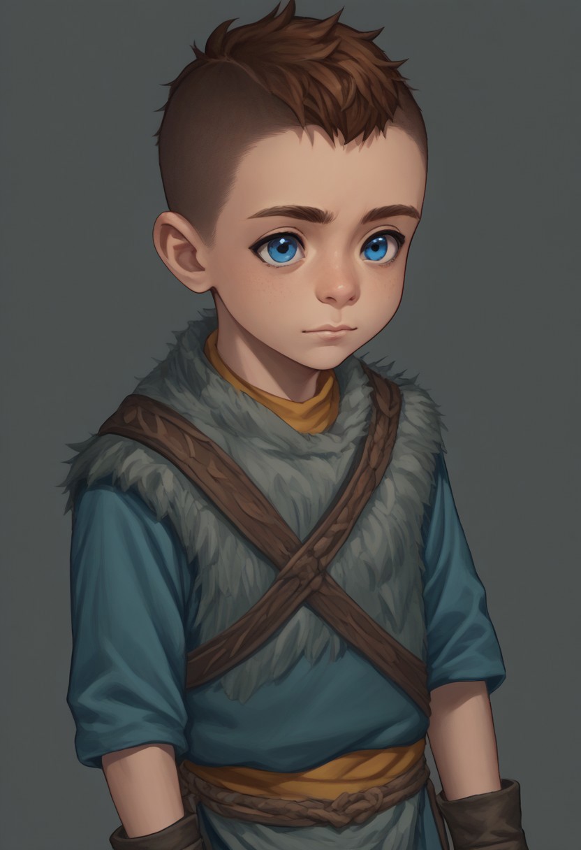 score_9, score_8_up, score_7_up, source_anime, highly detailed, 1boy, solo, cute boy, Atreus, Blue Eyes, auburn Hair, Undercut, Grey Fur Tunic, Brown Boots, Quiver