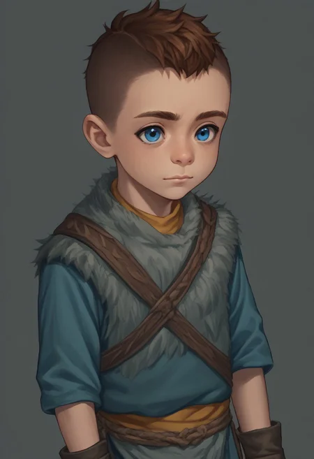 score_9, score_8_up, score_7_up, source_anime, highly detailed, 1boy, solo, cute boy, Atreus, Blue Eyes, auburn Hair, Undercut, Grey Fur Tunic, Brown Boots, Quiver