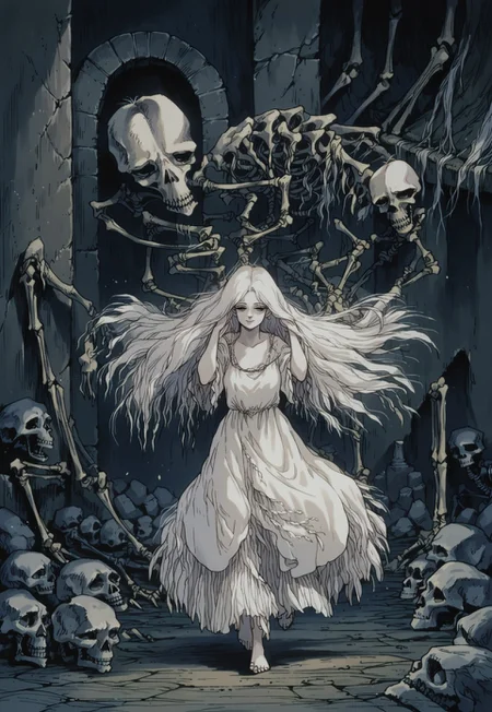 score_9, score_8_up, score_7_up, rating_safe, 1girl, long white hair, flowing white dress, walking, hands in hair, smile, detailed background, skeleton, stone