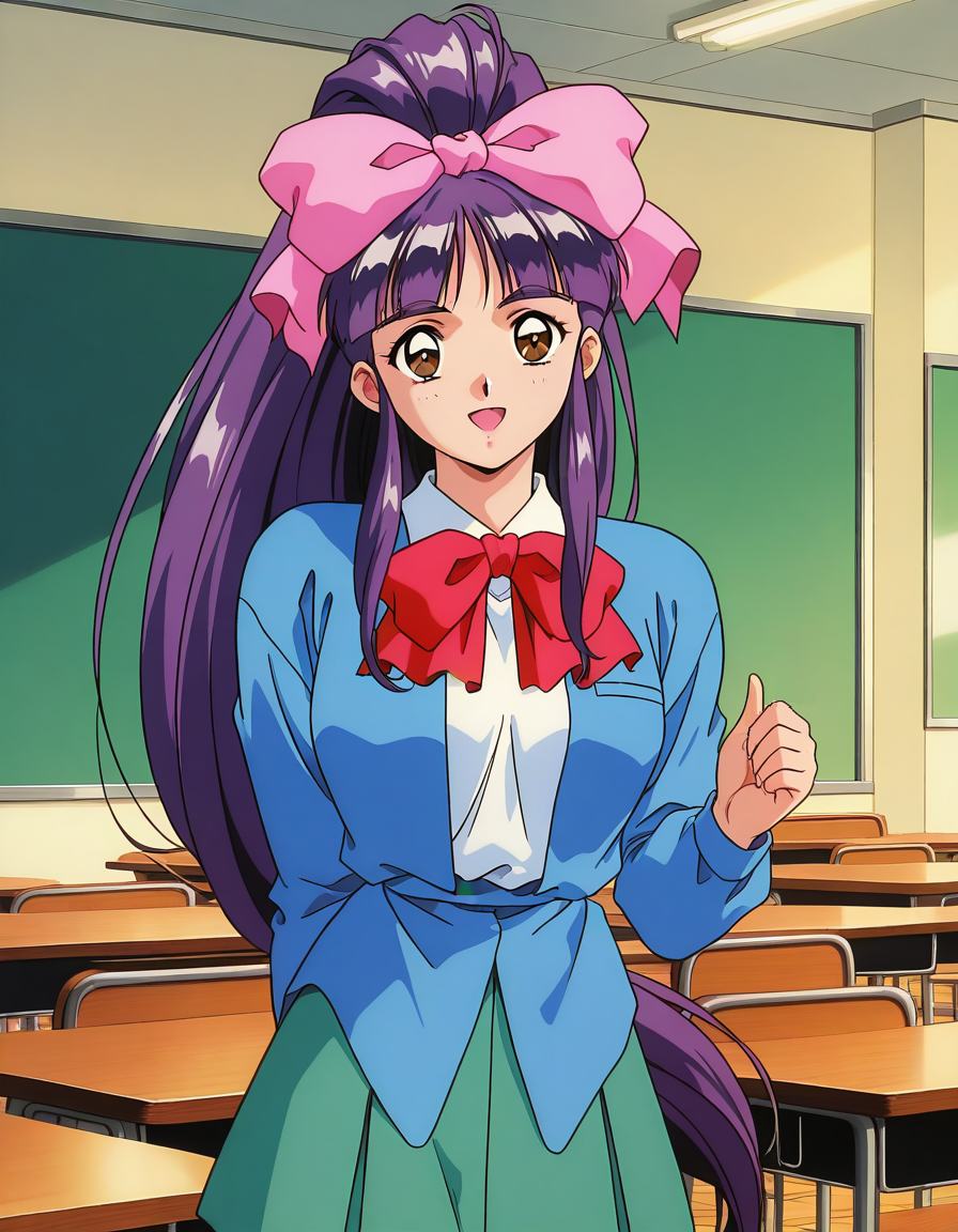 general,highres, ultra-detailed,very aesthetic,best quality ,best hands,  BREAK <lora:Midou_Miko_IS:1> Midou_Miko, 1girl,solo, pink bow, purple hair, long hair,hair ribbon, brown eyes, ponytail, bangs, 1990s (style), anime coloring,
 bow,  light green skirt, white shirt, dark blue jacket, smile,looking at viewer, cowboy_Shot,
school uniform, smile, 1990s (style), open mouth, long sleeves,  red bow,
class room,