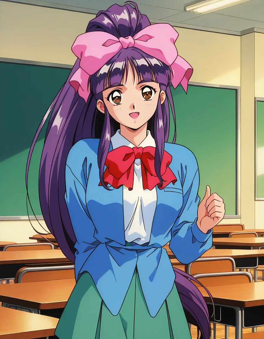 general,highres, ultra-detailed,very aesthetic,best quality ,best hands, BREAK <lora:Midou_Miko_IS:1> Midou_Miko, 1girl,solo, pink bow, purple hair, long hair,hair ribbon, brown eyes, ponytail, bangs, 1990s (style), anime coloring,
bow, light green skirt, white shirt, dark blue jacket, smile,looking at viewer, cowboy_Shot,
school uniform, smile, 1990s (style), open mouth, long sleeves, red bow,
class room,